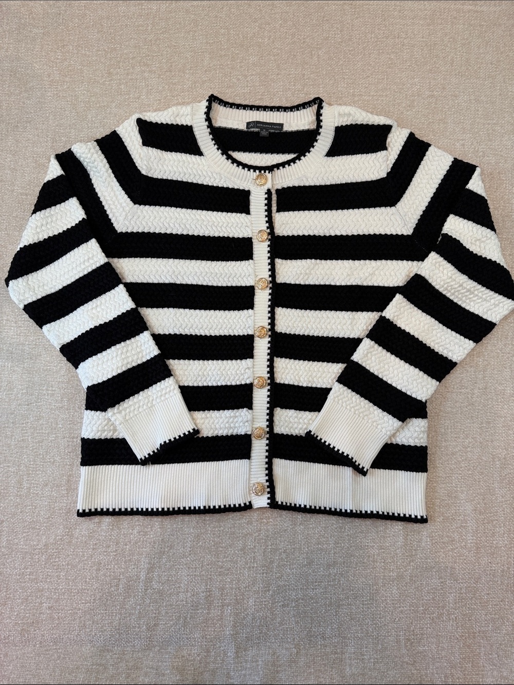 Adrianna Papell Black & White Striped Button-Front Cardigan